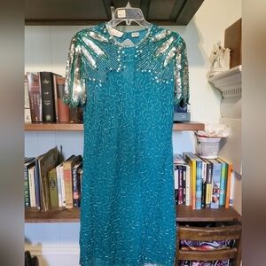 Laurence Kazar vintage silk beaded teal dress. Women's medium